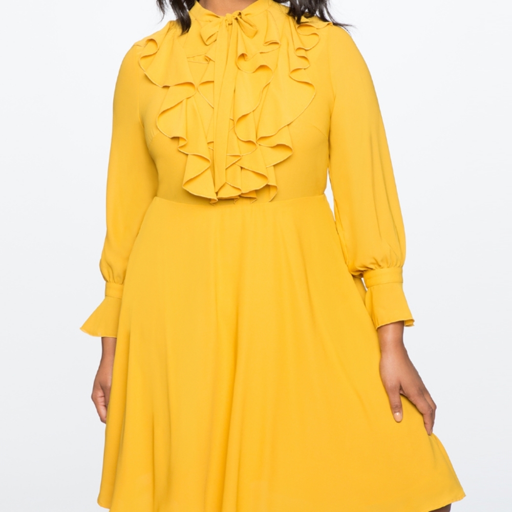 Eloquii Mustard Ruffle Neck Dress